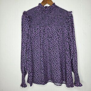Barbour Womens Purple Floral Smocked Ruffle Mock Neck Peasant Blouse Size 8